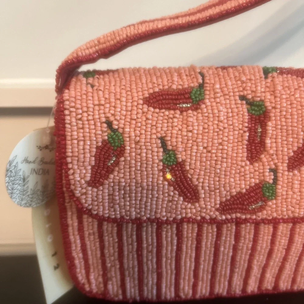 NEW-Handcrafted In India Beaded Chili Peppers Pink Red Striped Shoulder Bag